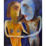 20th Century modernist painting depicting a couple holding hands, indistinctly signed lower right,