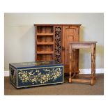 Three items of furniture comprising: early 20th Century golden oak occasional table, pine wine rack,