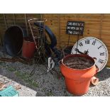 Selection of metal work to include; red painted fire bucket, assorted tubular iron weights, signs,