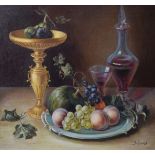 Evans - 20th Century - Oil on canvas, Still life with fruit on a platter with wine carafe, glass and