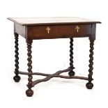 William & Mary oak side table circa 1700, the overhanging moulded rectangular top on single drawer