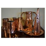 Selection of 19th Century copper mugs and measures to include; two handled example, two conical