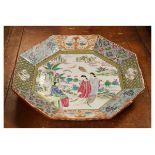Japanese octagonal dish decorated in the Chinese Famille Rose style with figures in a landscape