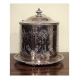 Early 20th Century engraved silver plated cylindrical biscuit box having an integral pierced base