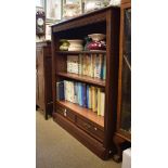 Reproduction mahogany three shelf open bookcase with twin base drawers on plinth Condition: