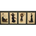 Four colour printed postcards - Fashionable ladies, in a single birds-eye maple finish framed