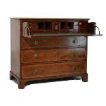 George III inlaid mahogany secretaire chest of four long drawers, the uppermost enclosing drawers