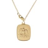 9ct gold pendant decorated with a phoenix in relief and having an unmarked yellow metal chain, 6.