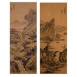 Pair of 20th Century Chinese watercolours on silk depicting river falls and mountainous landscape,