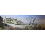 Coloured print - Landscape with farmhouse, after Alan Ingham, 25.5cm x 73cm, framed and glazed