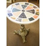 20th Century specimen table with circular top inset with various marble panels on silvered metal