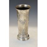 Edward VII silver tapered cylindrical vase having embossed stylised decoration and with presentation
