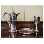 Victorian silver plated community set comprising: jug, cup and plate, each piece engraved '