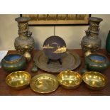 Selection of assorted metal ware to include; pair of Japanese bronze vases, small Japanese plate,