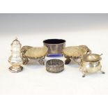 Pair of Victorian silver scallop design salts, Birmingham 1864, three other silver condiments and