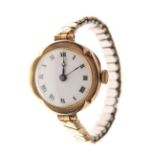 Lady's vintage 9ct gold cased wristwatch, the white enamel dial with Roman numerals, on a steel