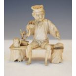 Japanese ivory and bone okimono, Meiji period, formed as a man taking repast whilst seated on a