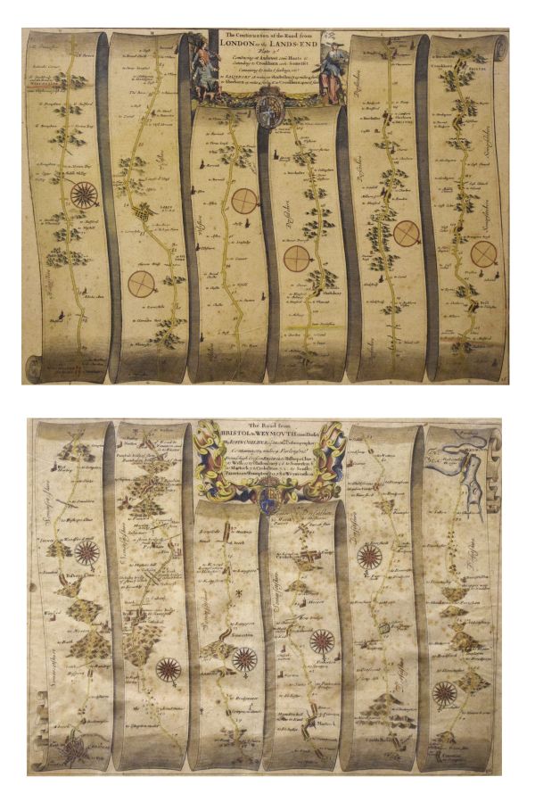 Two 18th Century Ogilby linear ribbon maps, Bristol to Weymouth, and London to the Lands End, both