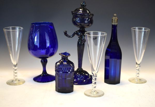 Selection of Bristol Blue and other glassware to include; 19th Century faceted decanter jug with