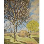 Manner of Ethelbert White - Oil on board - A landscape with haystack and trees, bears signature,