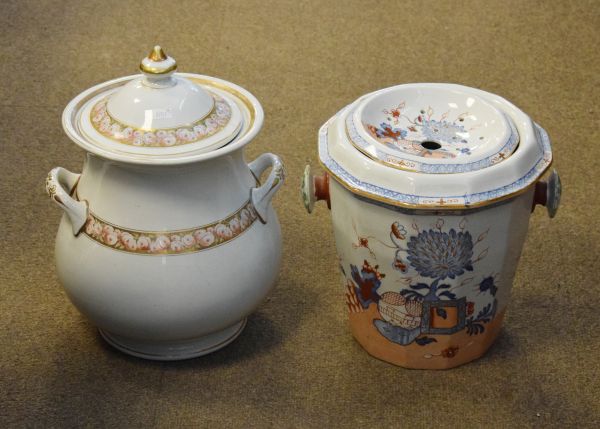 Masons Patent Ironstone China wash pail and cover of twelve sided form with printed and painted
