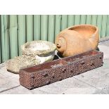 Three garden ornaments comprising: brown stoneware planter of log effect and two compartments, large