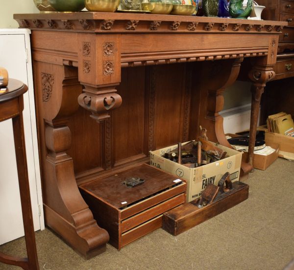 Early 20th Century carved oak altar table with rectangular top over carved flowerhead bosses on