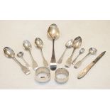 Various silver cutlery, napkin ring and a folding fruit knife, combined weight 7.2oz approx of