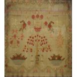 19th Century needlework sampler decorated with Adam and Eve, birds, animals and flowers, worked by