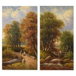 George Harris - Pair of oils on board - Rural scenes with figures on bridges, 30cm x 16.5cm