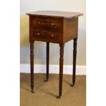 19th Century mahogany work table having a rectangular hinged cover with canted corners, fitted one