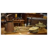 Group of assorted metal work to include; brass companion set on stand, chestnut roasting pan,