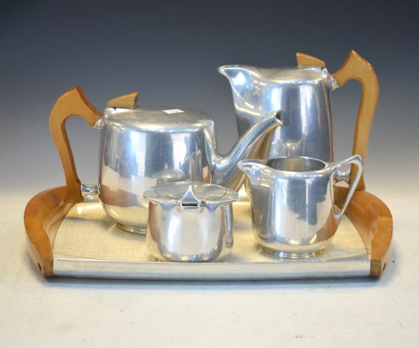 Picquot ware five piece tea set with wooden handled tray, hot water jug and tea pot, together with