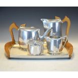 Picquot ware five piece tea set with wooden handled tray, hot water jug and tea pot, together with