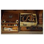Selection of vintage wood working tools to include: chest of three drawers fitted assorted