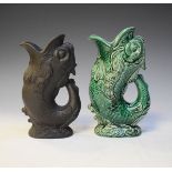 Modern Wedgwood black basalt figural gurgle jug formed as a fish, together with a similar green
