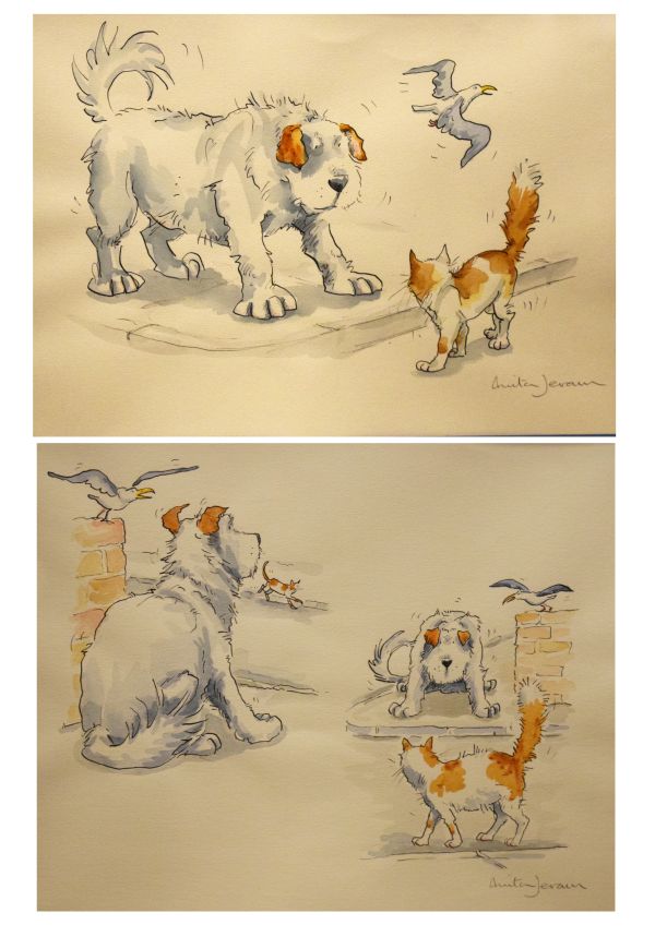Anita Jeram - Pair of watercolour studies of cats and dogs - The Most Obedient Dog In The World,