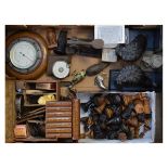 Interesting miscellanea including; chess set, barometer, Italian olive wood box, clockwork toys,