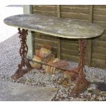 Cast iron garden table ends with associated oval white marble top Condition: