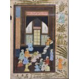 Antique Mughal style watercolour, probably Turkish and depicting court figures, 28cm x 19.5cm,