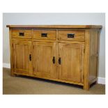 Modern oak side cabinet or dresser base, the rectangular top over three drawers and three