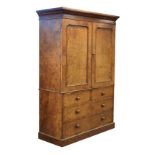 Mid 19th Century figured walnut two stage linen press with moulded cornice over panelled doors