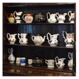 Collection of mainly 19th Century Gaudy Welsh and other jugs, three various teapots, pair of