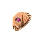 9ct gold signet ring set red stone, size W, 7.6g approx gross Condition: