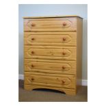 Four modern yellow pine chests of drawers comprising: five drawer tallboy, pair of three drawer