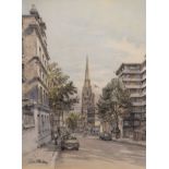 Dennis Flanders - Pencil and watercolour study - Vicarage Gate, Kensington, signed, 38cm x 28cm,