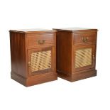 Pair of modern teak bedside cabinets, each with moulded top over single drawer and bergere cane