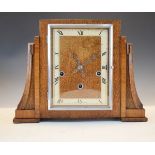 Art Deco oak cased three train chiming mantel clock, the movement by Enfield, chiming on gong rods