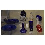 Various glassware including; two 19th Century Bristol blue saucer dishes, similar jar and cover,