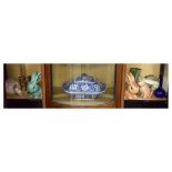 Decorative ceramics including; transfer printed tureen, two Sylvac bunnies, Belleek off-white glazed